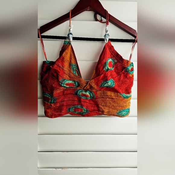 ZARA Top crop Halter Beads Burnt Orange Green size M - Picture 1 of 5